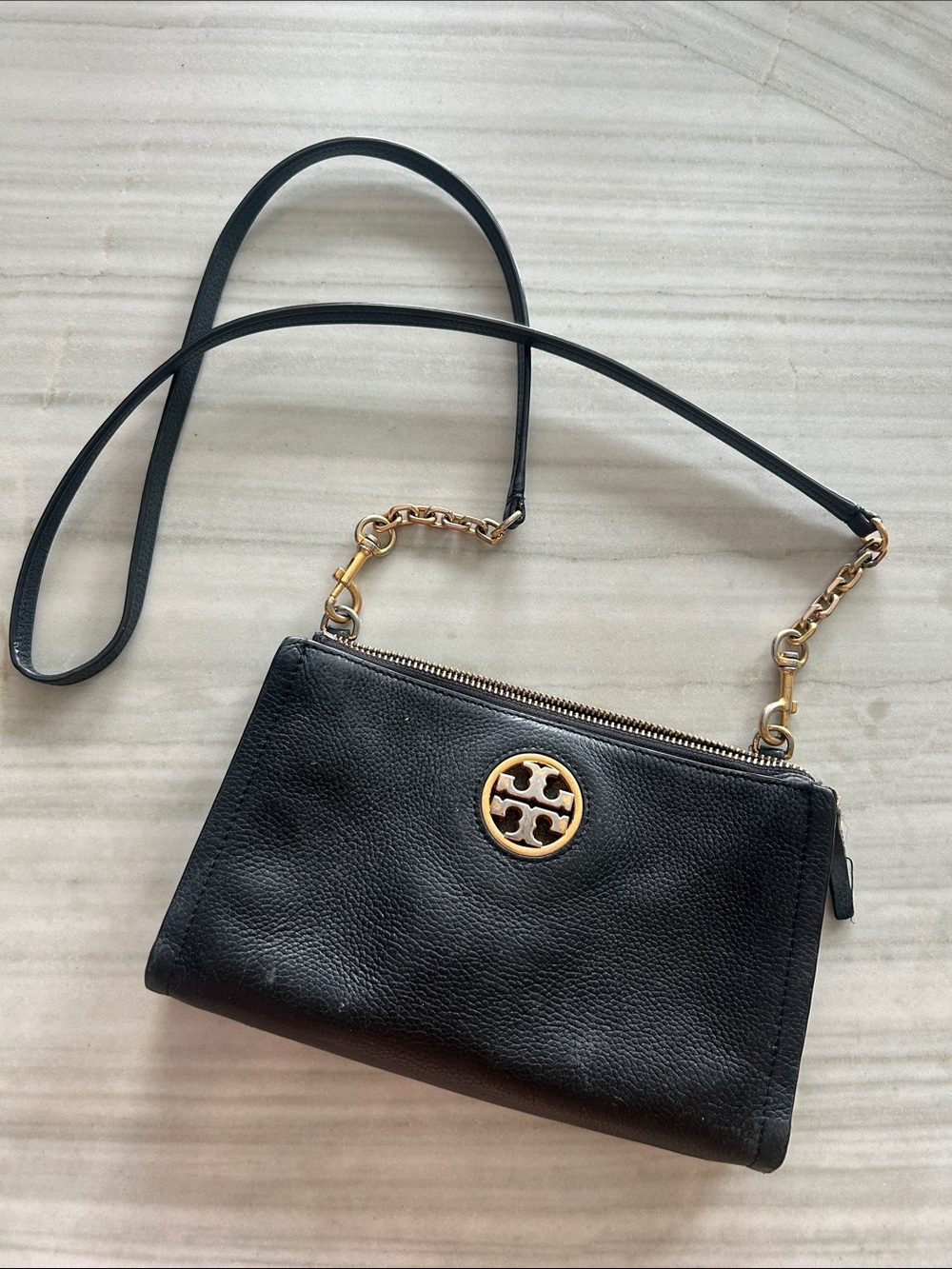 Tory Burch Black Leather Crossbody with Gold Logo